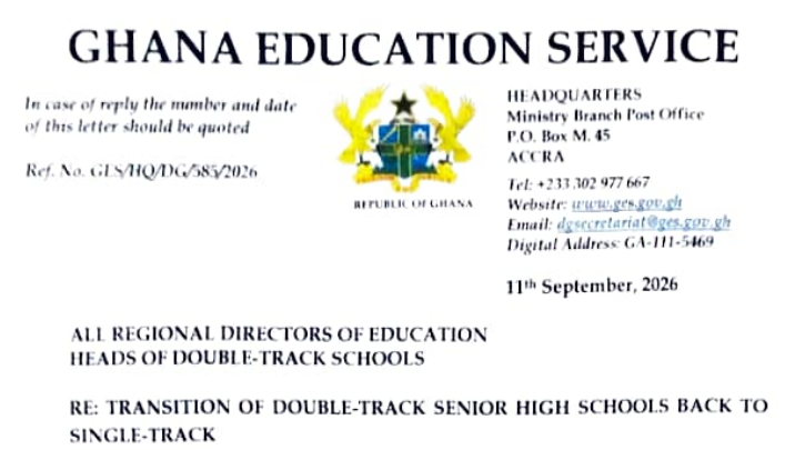 GES letter on the transition of double-track Senior High Schools back to single-track.